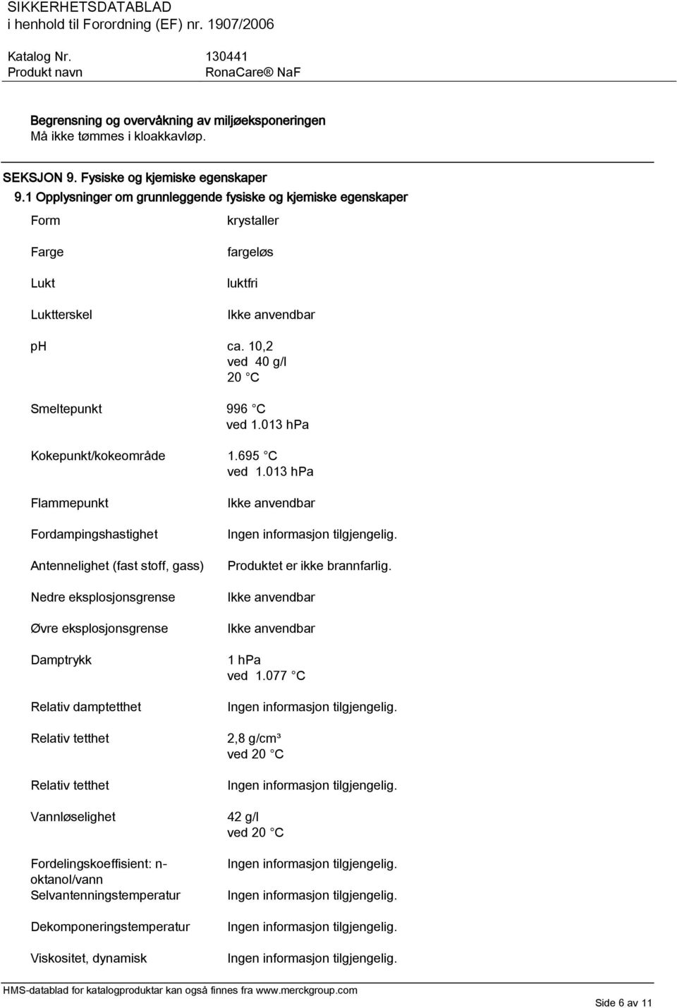 013 hpa Kokepunkt/kokeområde 1.695 C ved 1.