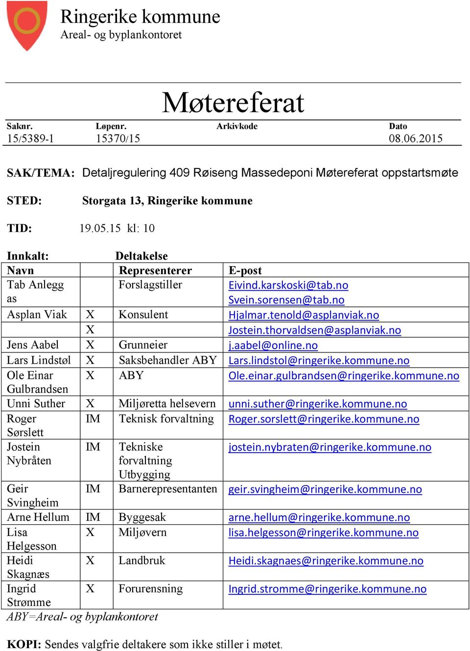 15 kl: 10 Innkalt: Deltakelse Navn Representerer E-post Tab Anlegg as Forslagstiller Eivind.karskoski@tab.no Svein.sorensen@tab.no Asplan Viak X Konsulent Hjalmar.tenold@asplanviak.no X Jostein.