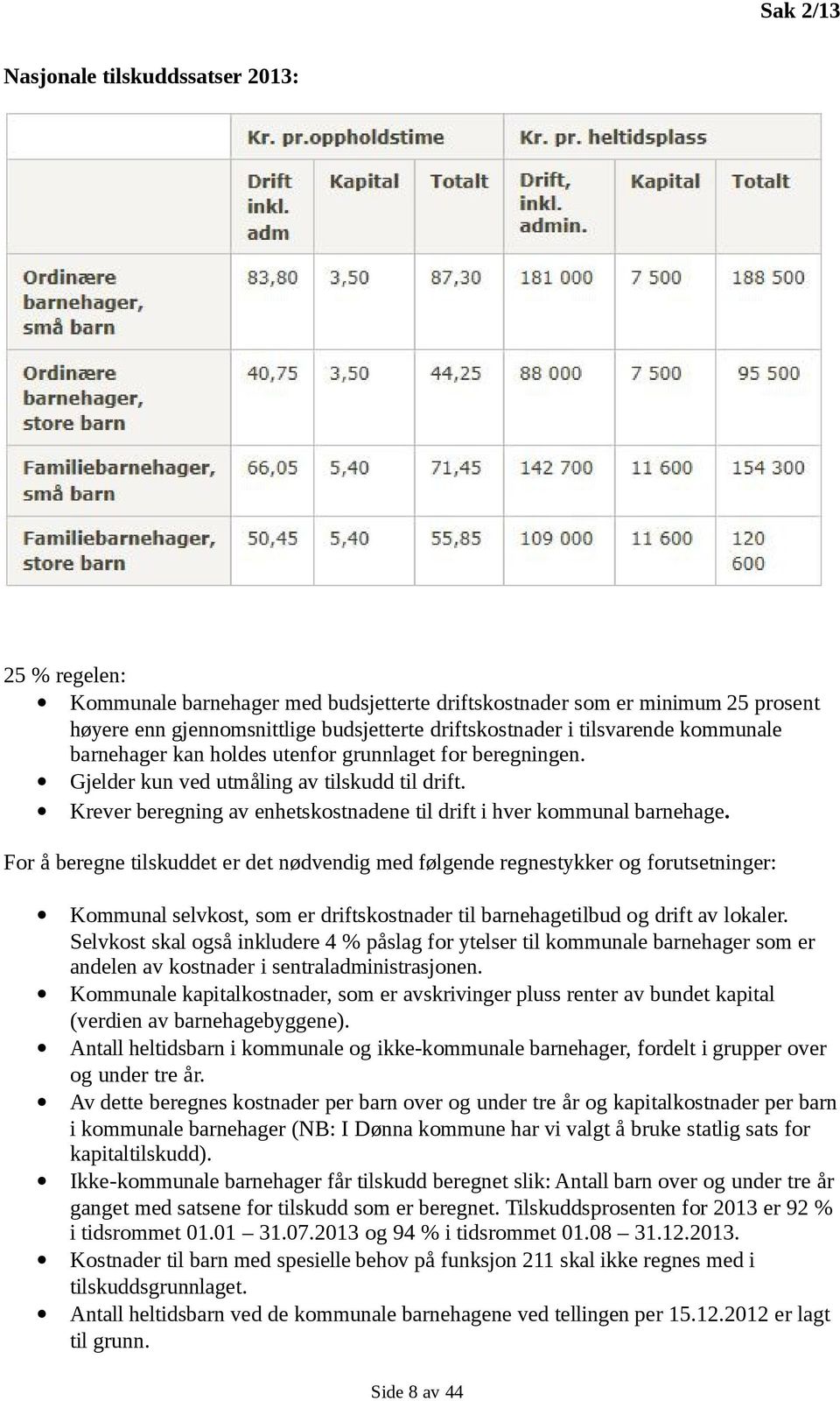 Krever beregning av enhetskostnadene til drift i hver kommunal barnehage.