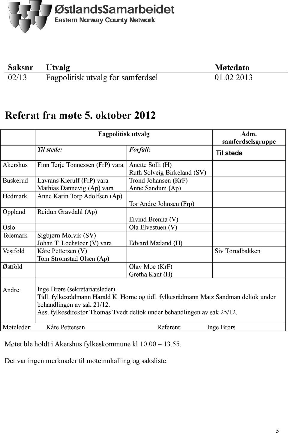 Anne Sandum (Ap) Hedmark Anne Karin Torp Adolfsen (Ap) Tor Andre Johnsen (Frp) Oppland Reidun Gravdahl (Ap) Eivind Brenna (V) Oslo Ola Elvestuen (V) Telemark Sigbjørn Molvik (SV) Johan T.