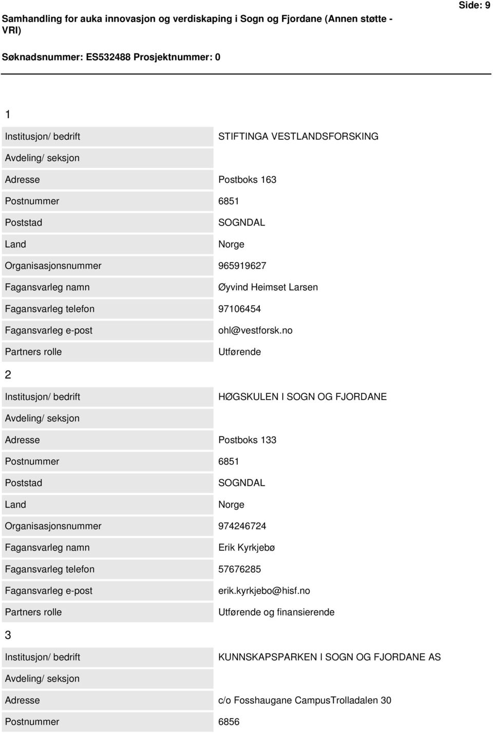 no Utførende 2 Institusjon/ bedrift HØGSKULEN I SOGN OG FJORDANE Avdeling/ seksjon Adresse Postboks 133 Postnummer 6851 SOGNDAL Norge Organisasjonsnummer 974246724 Fagansvarleg namn