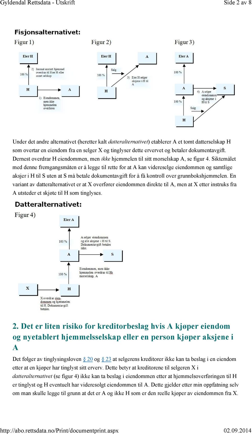 Siktemålet med denne fremgangsmåten er å legge til rette for at A kan videreselge eiendommen og samtlige aksjer i H til S uten at S må betale dokumentavgift for å få kontroll over grunnbokshjemmelen.