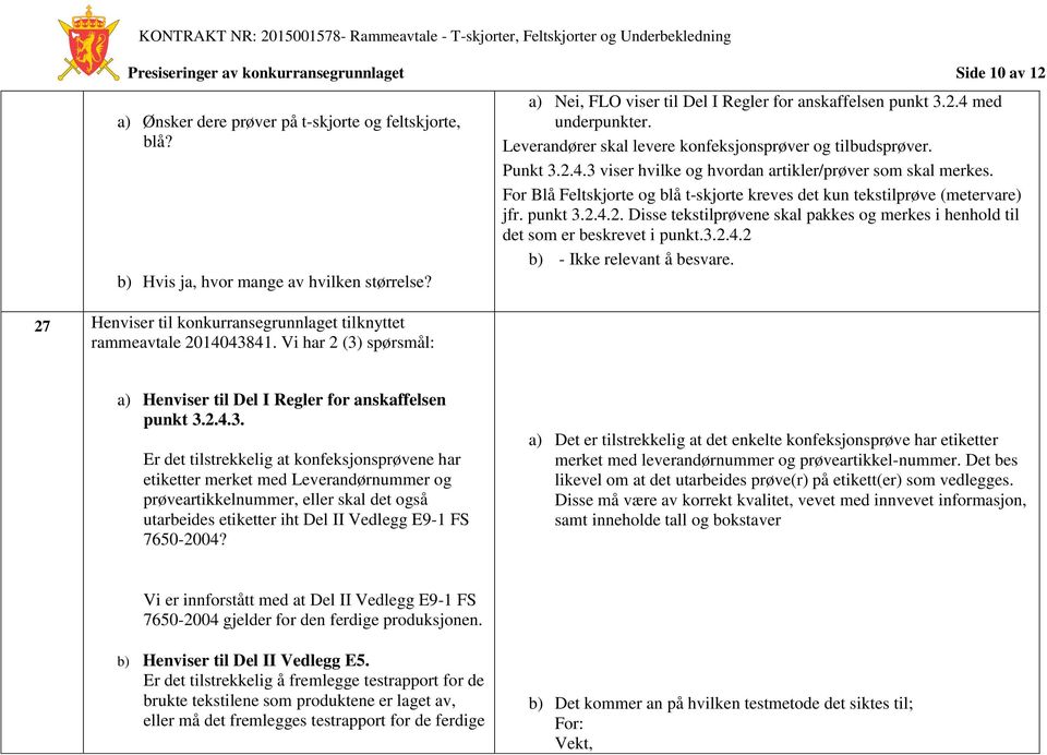 Leverandører skal levere konfeksjonsprøver og tilbudsprøver. Punkt 3.2.4.3 viser hvilke og hvordan artikler/prøver som skal merkes.