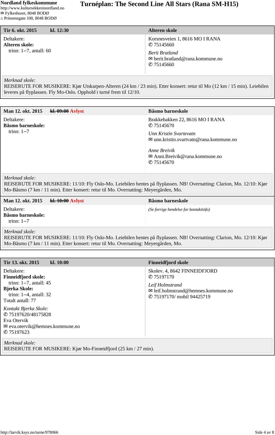 Man 12. okt. 2015 kl. 09:00 Avlyst Båsmo barneskole Båsmo barneskole: trinn: 1 7 Brakkebakken 22, 8616 MO I RANA 75145670 Unn Kristin Svartevatn unn.kristin.svartvatn@rana.kommune.