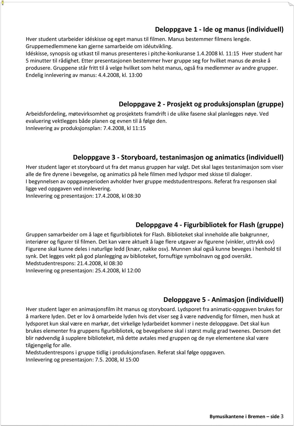 Etter presentasjonen bestemmer hver gruppe seg for hvilket manus de ønske å produsere. Gruppene står fritt til å velge hvilket som helst manus, også fra medlemmer av andre grupper.