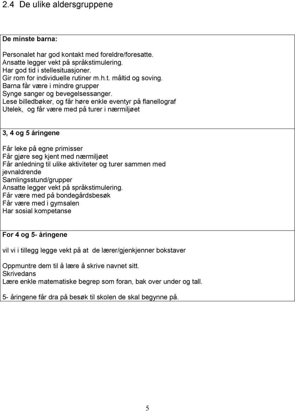 Lese billedbøker, og får høre enkle eventyr på flanellograf Utelek, og får være med på turer i nærmiljøet 3, 4 og 5 åringene Får leke på egne primisser Får gjøre seg kjent med nærmiljøet Får