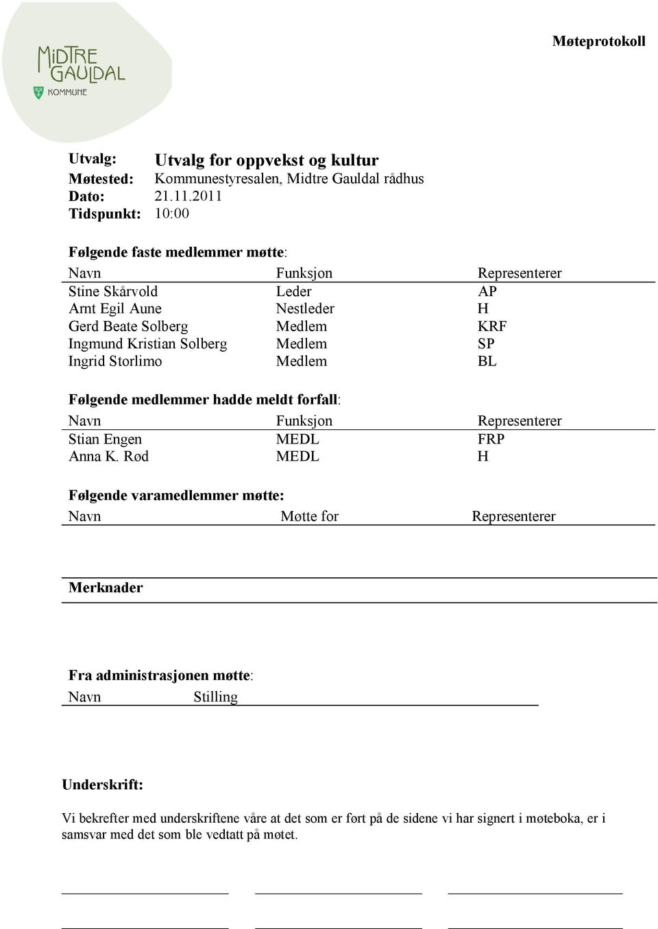 Kristian Solberg Medlem SP Ingrid Storlimo Medlem BL Følgende medlemmer hadde meldt forfall: Navn Funksjon Representerer Stian Engen MEDL FRP Anna K.