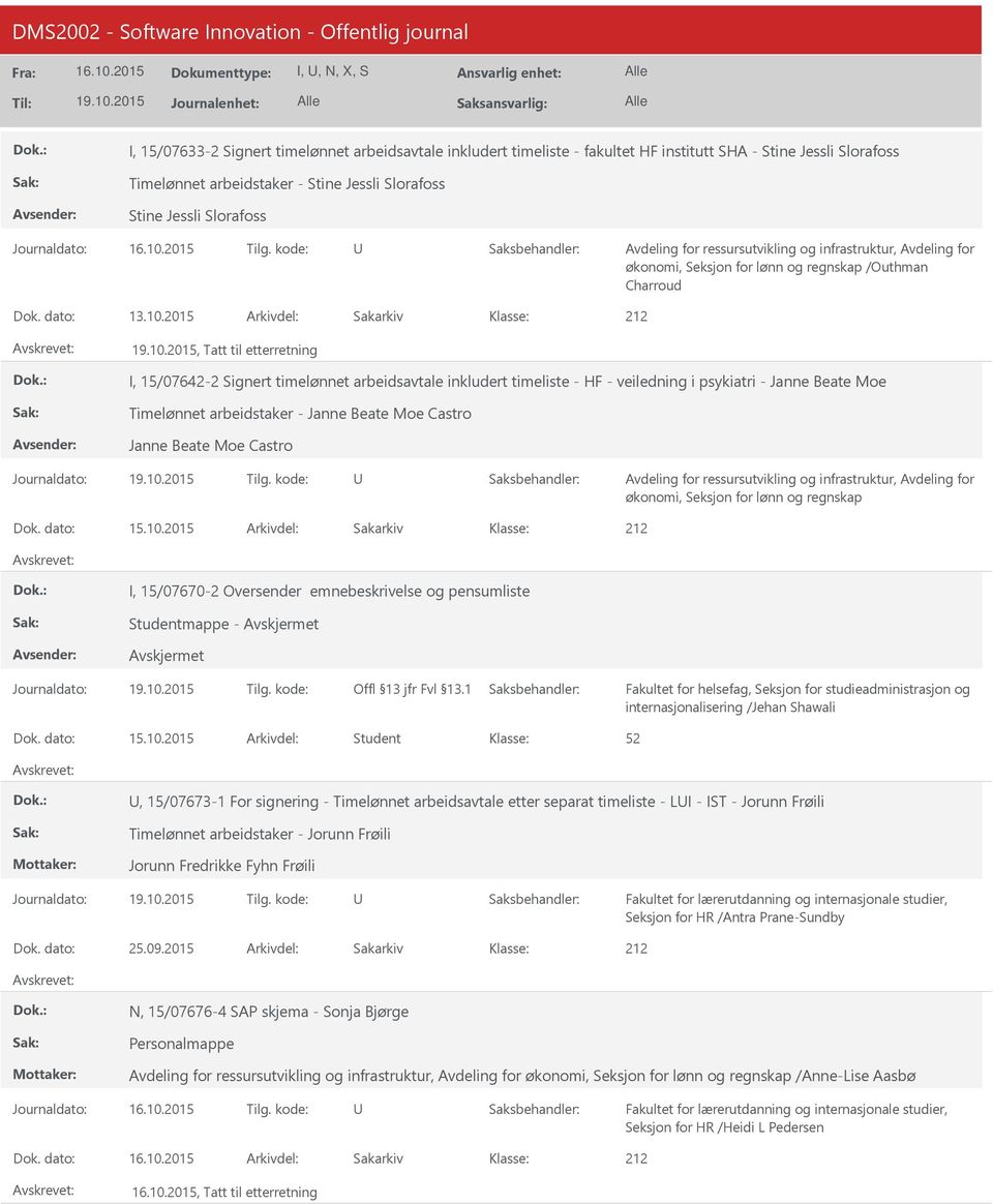 2015 Arkivdel: Sakarkiv, Tatt til etterretning I, 15/07642-2 Signert timelønnet arbeidsavtale inkludert timeliste - HF - veiledning i psykiatri - Janne Beate Moe Timelønnet arbeidstaker - Janne Beate