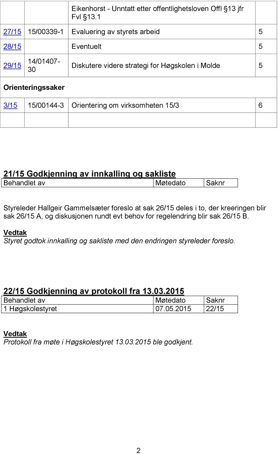 Orientering om virksomheten 15/3 6 21/15 Godkjenning av innkalling og sakliste Styreleder Hallgeir Gammelsæter foreslo at sak 26/15 deles i to, der kreeringen blir sak 26/15