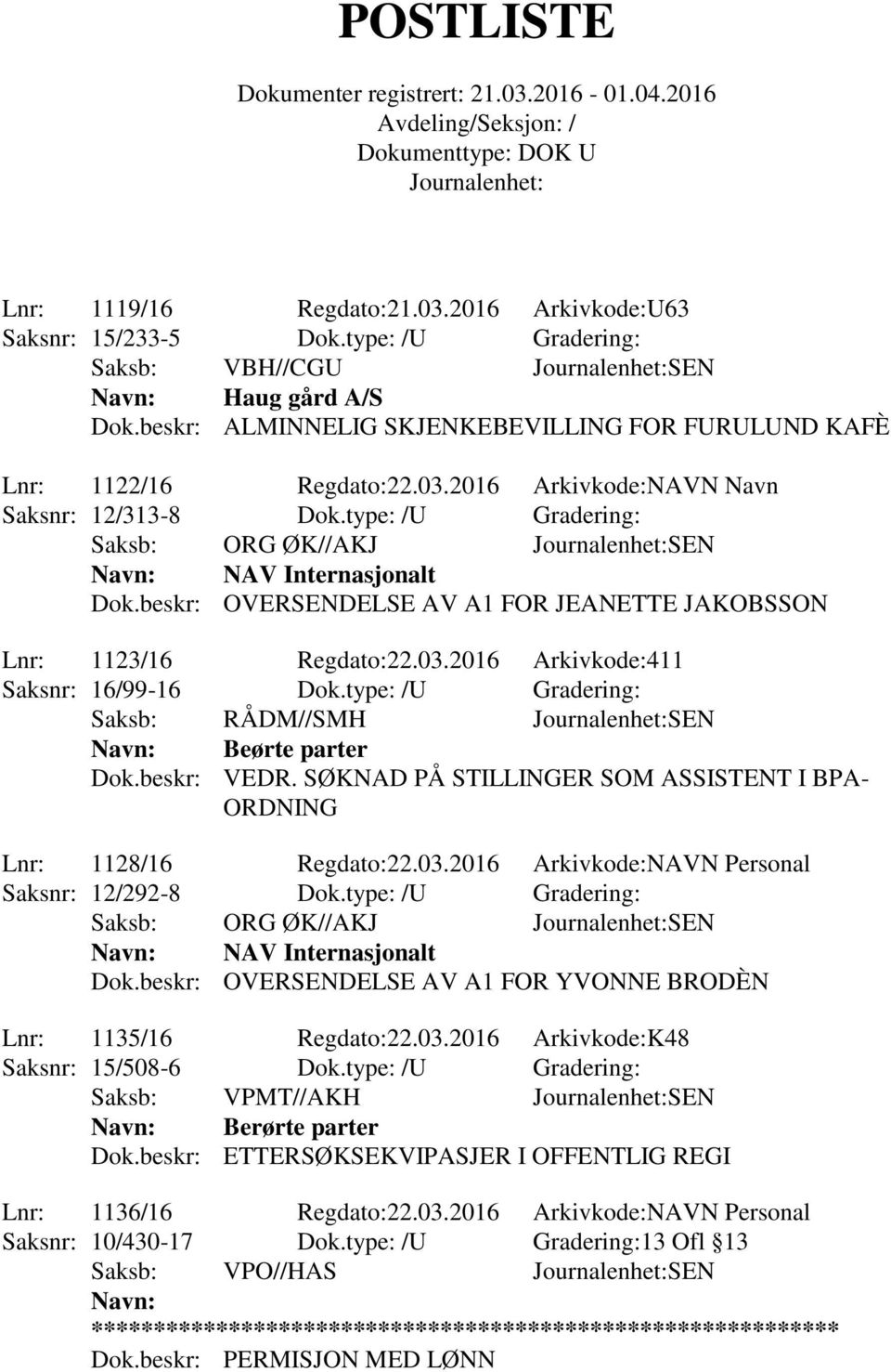 beskr: OVERSENDELSE AV A1 FOR JEANETTE JAKOBSSON Lnr: 1123/16 Regdato:22.03.2016 Arkivkode:411 Saksnr: 16/99-16 Dok.type: /U Gradering: Beørte parter Dok.beskr: VEDR.