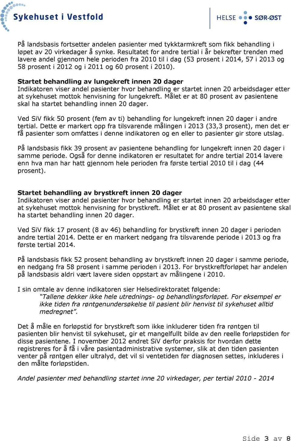 Startet behandling av lungekreft innen 20 dager Indikatoren viser andel pasienter hvor behandling er startet innen 20 arbeidsdager etter at sykehuset mottok henvisning for lungekreft.