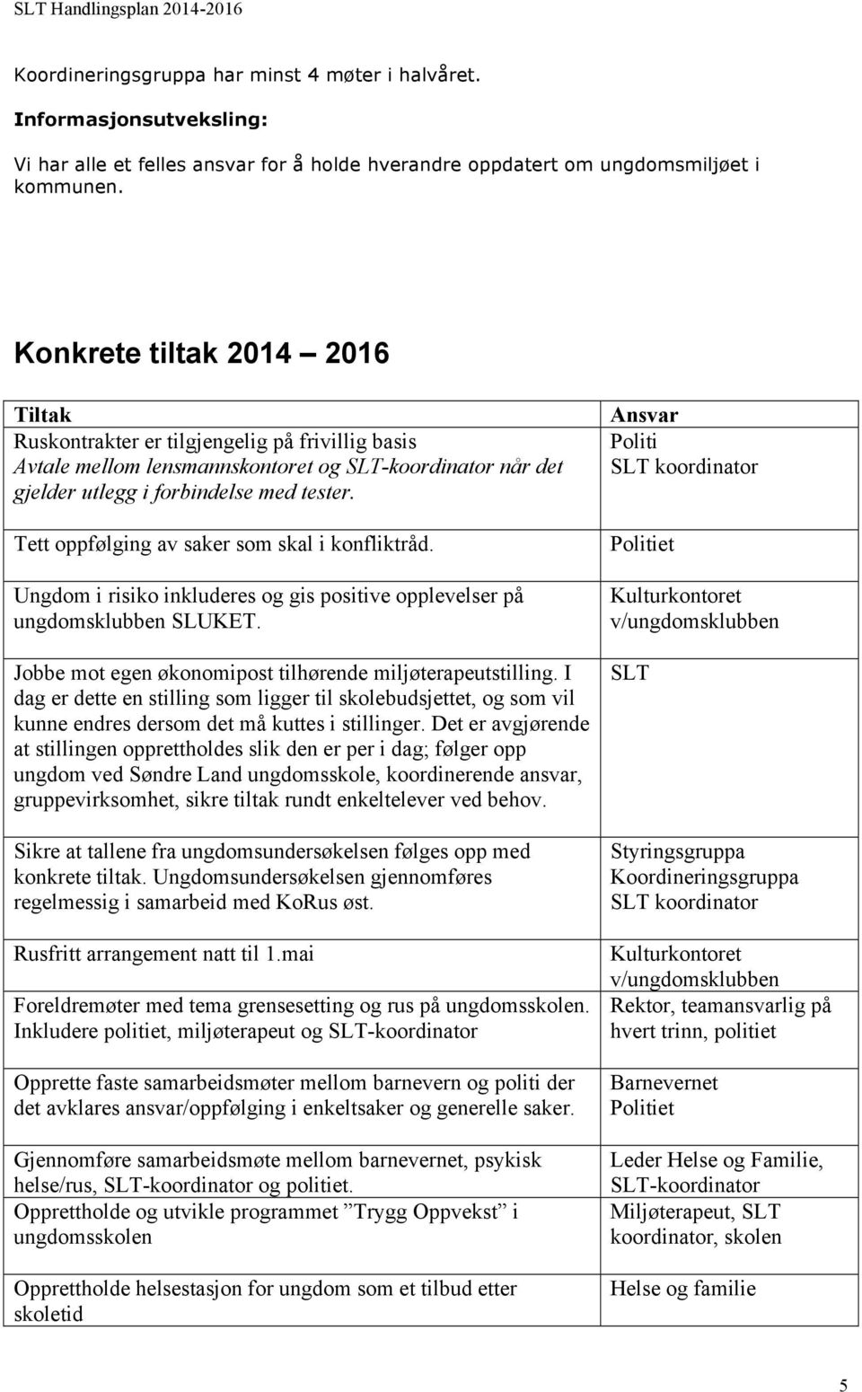 Tett oppfølging av saker som skal i konfliktråd. Ungdom i risiko inkluderes og gis positive opplevelser på ungdomsklubben SLUKET. Jobbe mot egen økonomipost tilhørende miljøterapeutstilling.