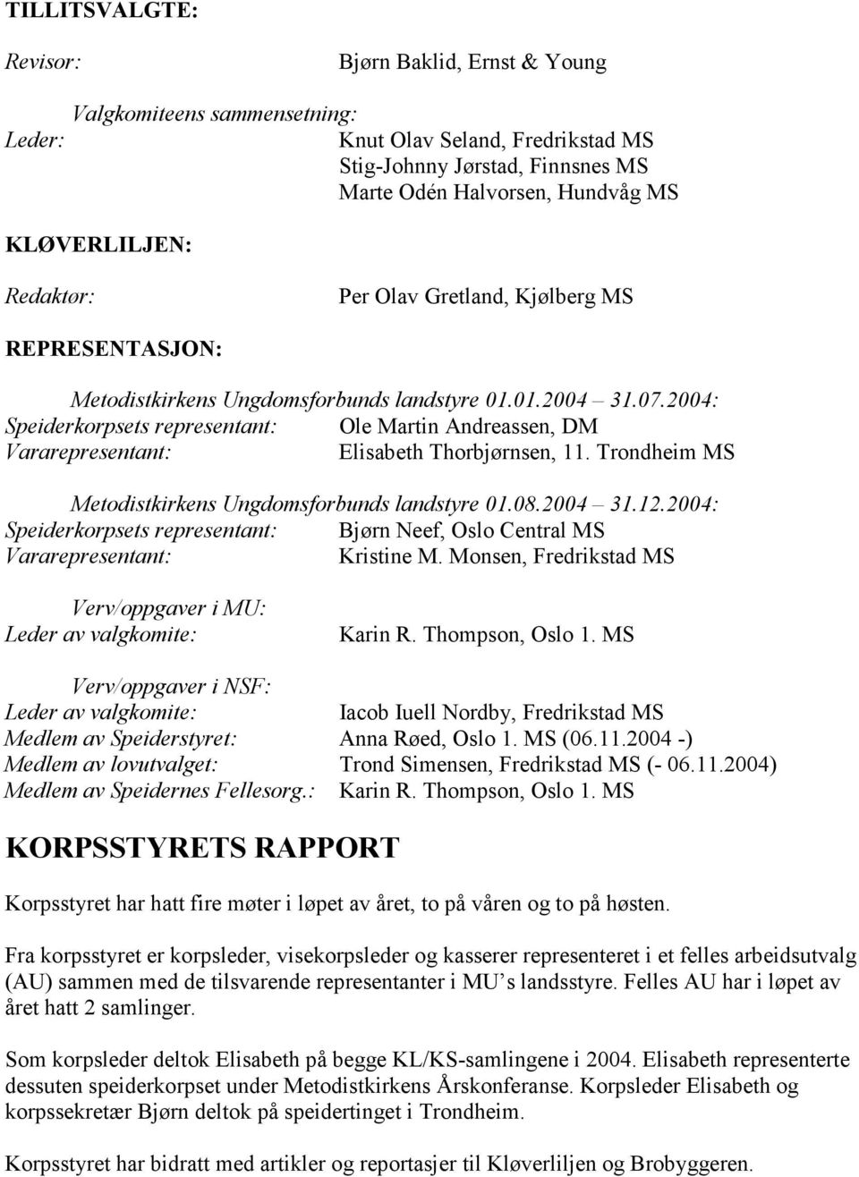 2004: Speiderkorpsets representant: Ole Martin Andreassen, DM Elisabeth Thorbjørnsen, 11. Trondheim MS Metodistkirkens Ungdomsforbunds landstyre 01.08.2004 31.12.