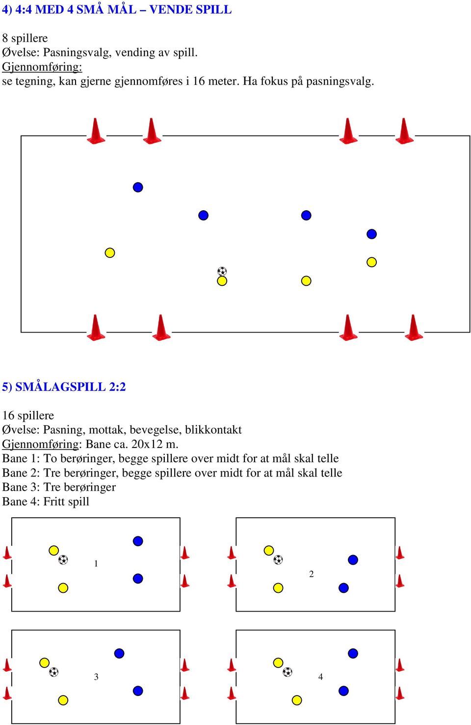 5) SMÅLAGSPILL 2:2 16 spillere Øvelse: Pasning, mottak, bevegelse, blikkontakt Bane ca. 20x12 m.