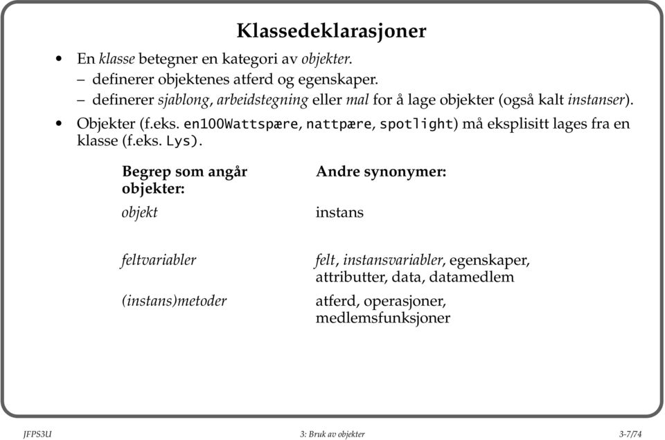 en1wattspære, nattpære, spotlight) må eksplisitt lages fra en klasse (f.eks. Lys).