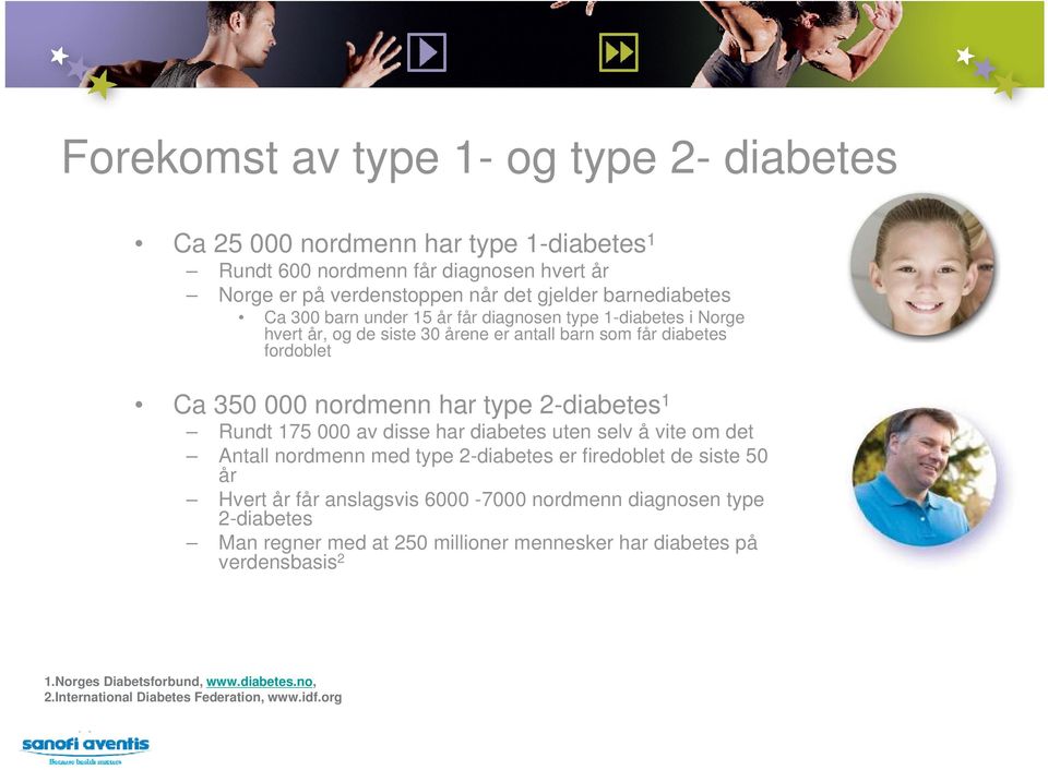 2-diabetes 1 Rundt 175 000 av disse har diabetes uten selv å vite om det Antall nordmenn med type 2-diabetes er firedoblet de siste 50 år Hvert år får anslagsvis 6000-7000