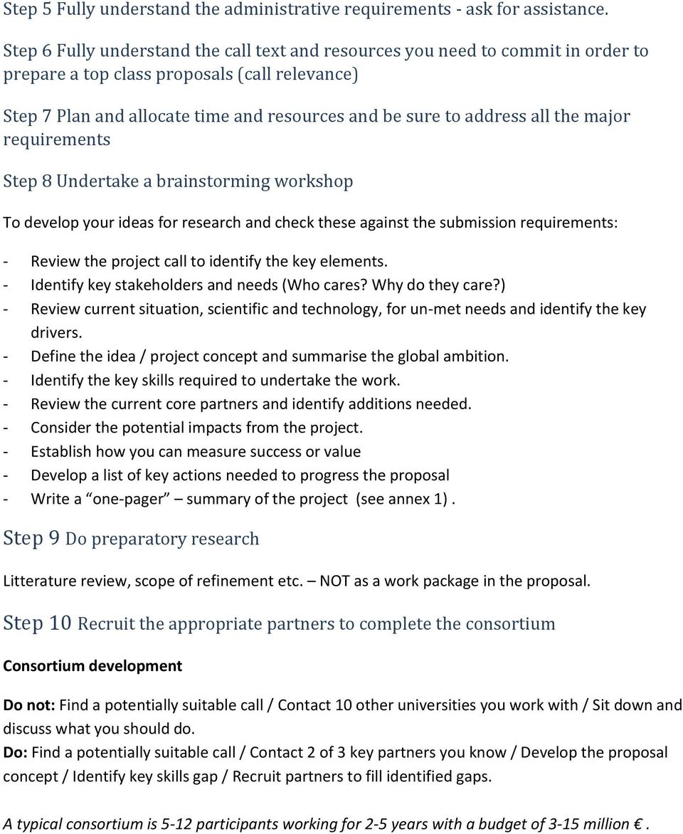all the major requirements Step 8 Undertake a brainstorming workshop To develop your ideas for research and check these against the submission requirements: - Review the project call to identify the