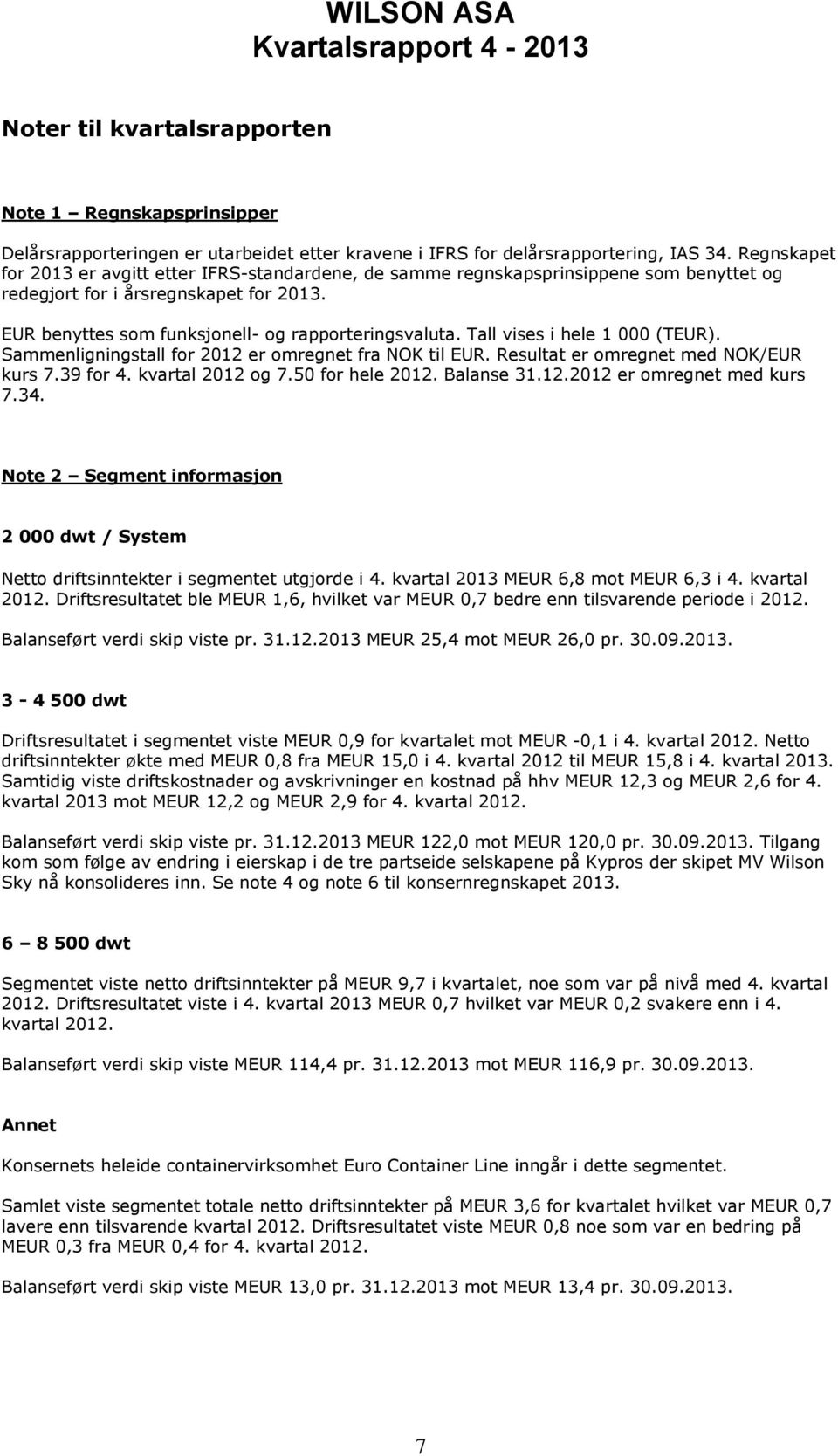 Tall vises i hele 1 000 (TEUR). Sammenligningstall for 2012 er omregnet fra NOK til EUR. Resultat er omregnet med NOK/EUR kurs 7.39 for 4. kvartal 2012 og 7.50 for hele 2012. Balanse 31.12.2012 er omregnet med kurs 7.