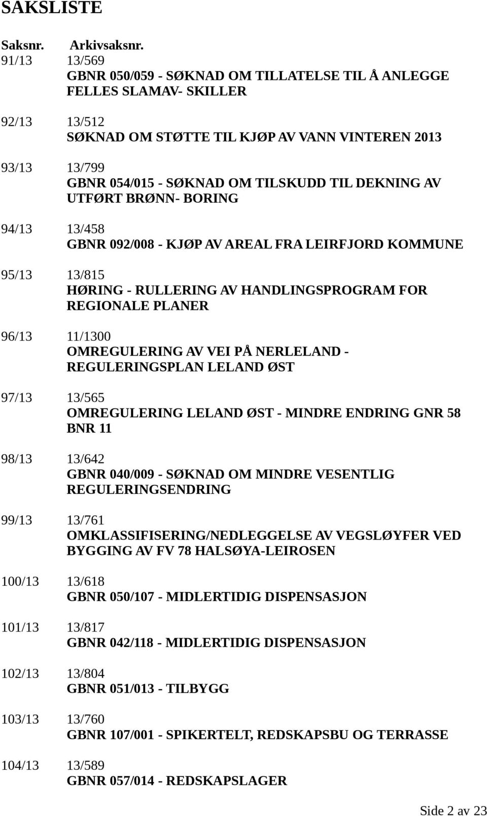 DEKNING AV UTFØRT BRØNN- BORING 94/13 13/458 GBNR 092/008 - KJØP AV AREAL FRA LEIRFJORD KOMMUNE 95/13 13/815 HØRING - RULLERING AV HANDLINGSPROGRAM FOR REGIONALE PLANER 96/13 11/1300 OMREGULERING AV