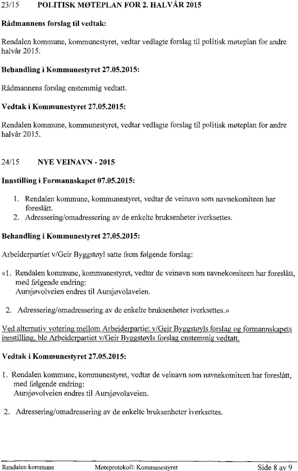 2015: Rendalen kommune, kommunestyret, vedtar de veinavn som navnekomiteen har foreslått. Adressering/omadressering av de enkelte bruksenheter iverksettes.