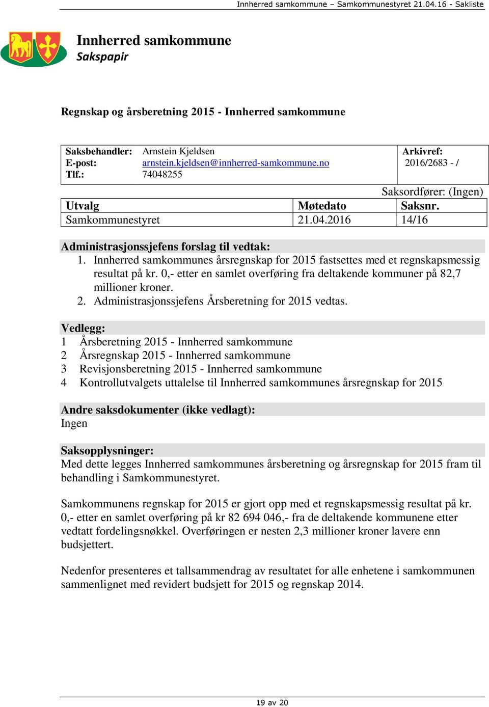 Innherred samkommunes årsregnskap for 2015 fastsettes med et regnskapsmessig resultat på kr. 0,- etter en samlet overføring fra deltakende kommuner på 82,7 millioner kroner. 2. Administrasjonssjefens Årsberetning for 2015 vedtas.