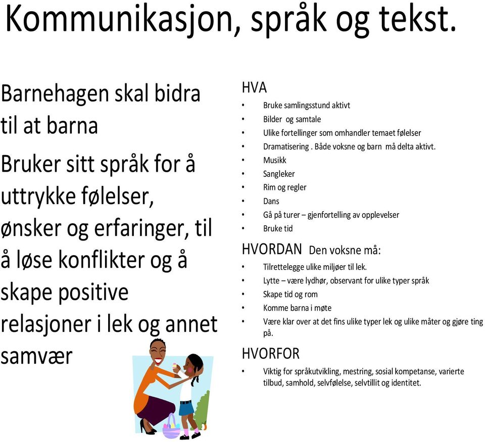 Musikk Sangleker Rim og regler Dans Gå på turer gjenfortelling av opplevelser Bruke tid Den voksne må: Tilrettelegge ulike miljøer til lek.