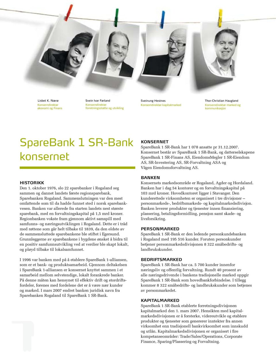og kommunikasjon SpareBank 1 SR-Bank konsernet HISTORIKK Den 1. oktober 1976, slo 22 sparebanker i Rogaland seg sammen og dannet landets første regionsparebank, Sparebanken Rogaland.