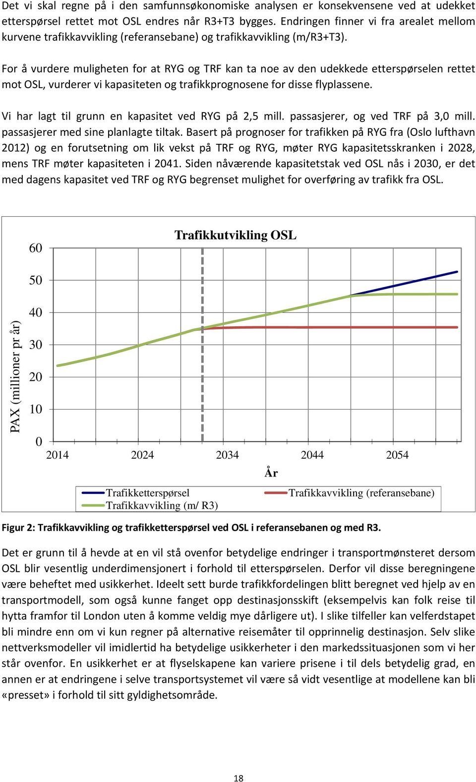 For å vurdere muligheten for at RYG og TRF kan ta noe av den udekkede etterspørselen rettet mot OSL, vurderer vi kapasiteten og trafikkprognosene for disse flyplassene.