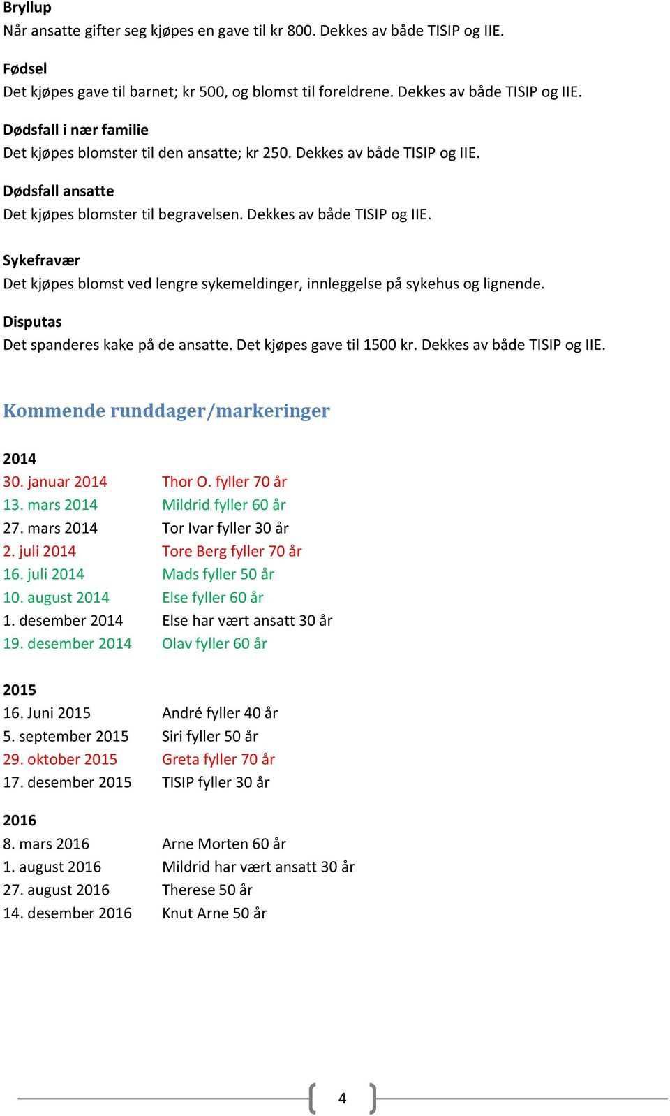 Sykefravær Det kjøpes blomst ved lengre sykemeldinger, innleggelse på sykehus og lignende. Disputas Det spanderes kake på de ansatte. Det kjøpes gave til 1500 kr. Dekkes av både TISIP og IIE.