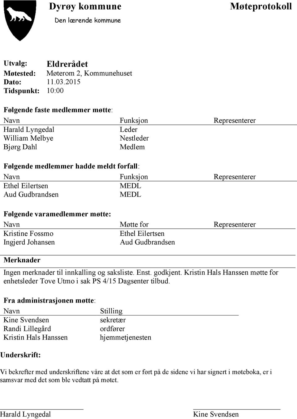 Ethel Eilertsen MEDL Aud Gudbrandsen MEDL Følgende varamedlemmer møtte: Navn Møtte for Representerer Kristine Fossmo Ethel Eilertsen Ingjerd Johansen Aud Gudbrandsen Merknader Ingen merknader til