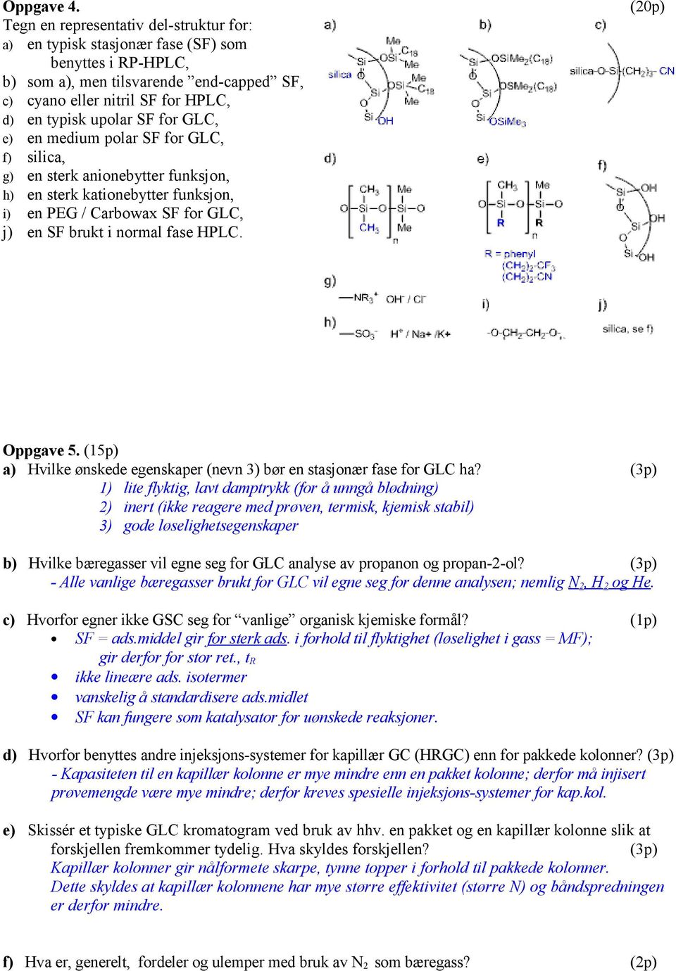 for GLC, e) en medium polar SF for GLC, f) silica, g) en sterk anionebytter funksjon, h) en sterk kationebytter funksjon, i) en PEG / Carbowax SF for GLC, j) en SF brukt i normal fase HPLC.