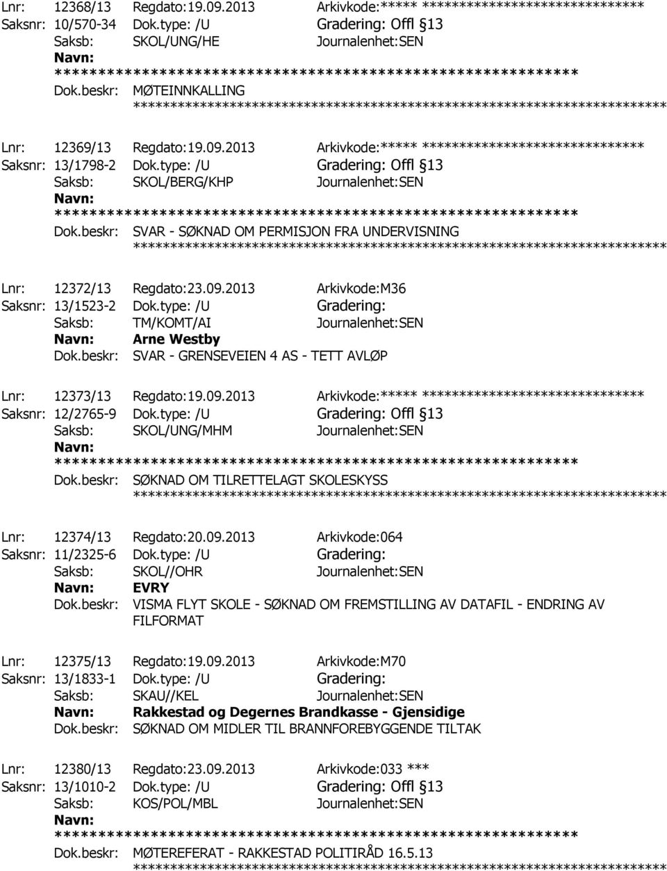 type: /U Gradering: Offl 13 Saksb: SKOL/BERG/KHP Journalenhet:SEN Dok.beskr: SVAR - SØKNAD OM PERMISJON FRA UNDERVISNING Lnr: 12372/13 Regdato:23.09.2013 Arkivkode:M36 Saksnr: 13/1523-2 Dok.