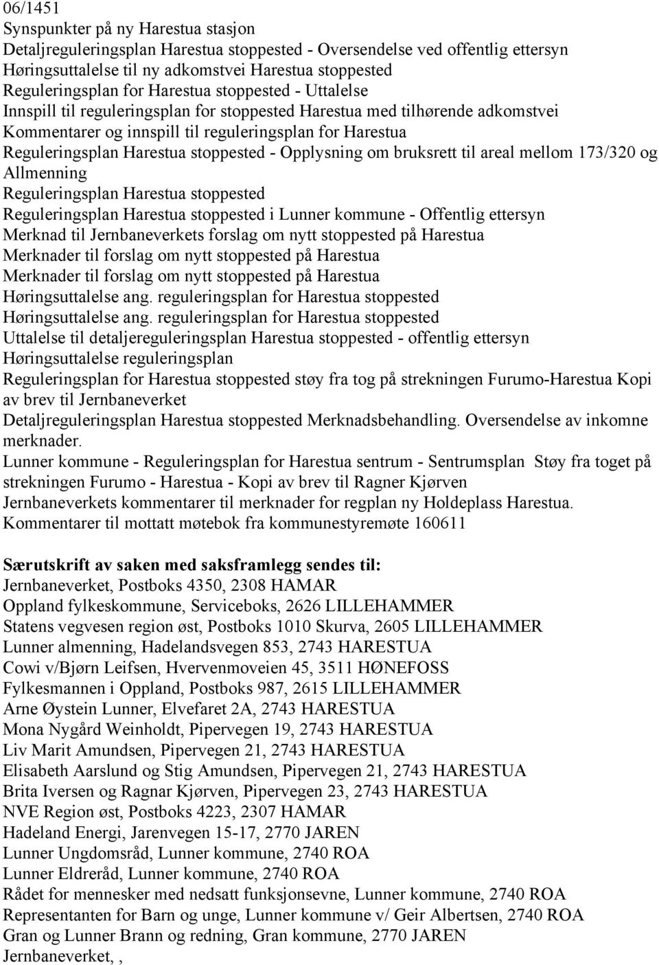 stoppested - Opplysning om bruksrett til areal mellom 173/320 og Allmenning Reguleringsplan Harestua stoppested Reguleringsplan Harestua stoppested i Lunner kommune - Offentlig ettersyn Merknad til