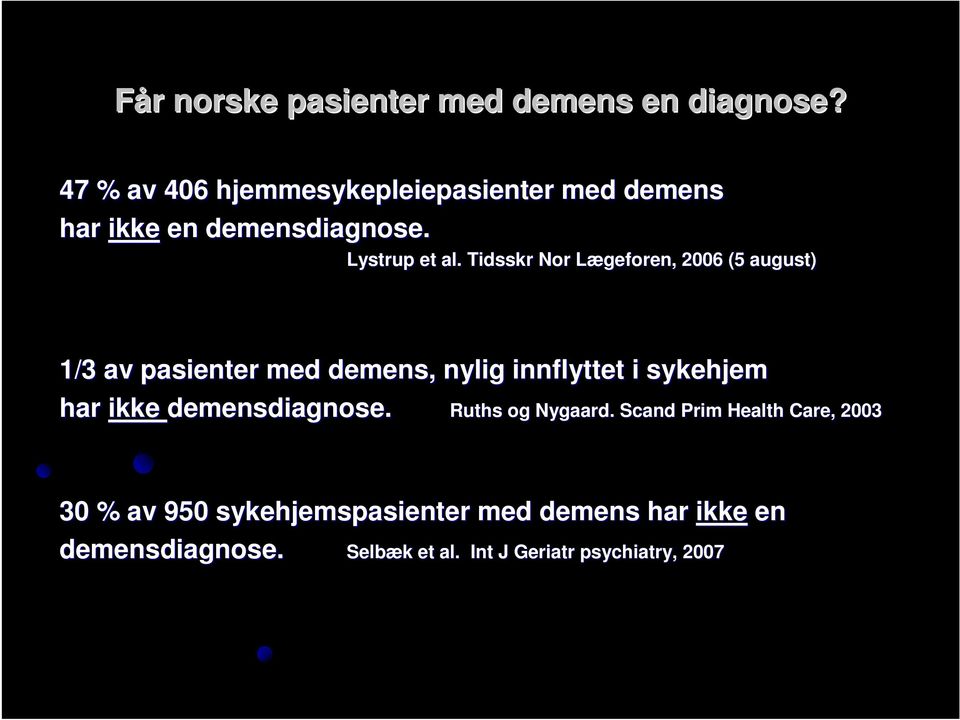 Tidsskr Nor Lægeforen,, 2006 (5 august) 1/3 av pasienter med demens, nylig innflyttet i sykehjem har ikke