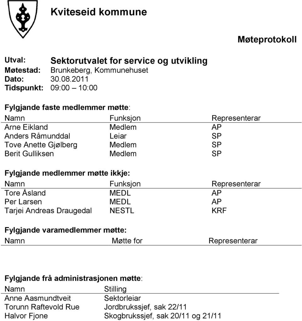 Berit Gulliksen Medlem SP Fylgjande medlemmer møtte ikkje: Namn Funksjon Representerar Tore Åsland MEDL AP Per Larsen MEDL AP Tarjei Andreas Draugedal NESTL KRF Fylgjande