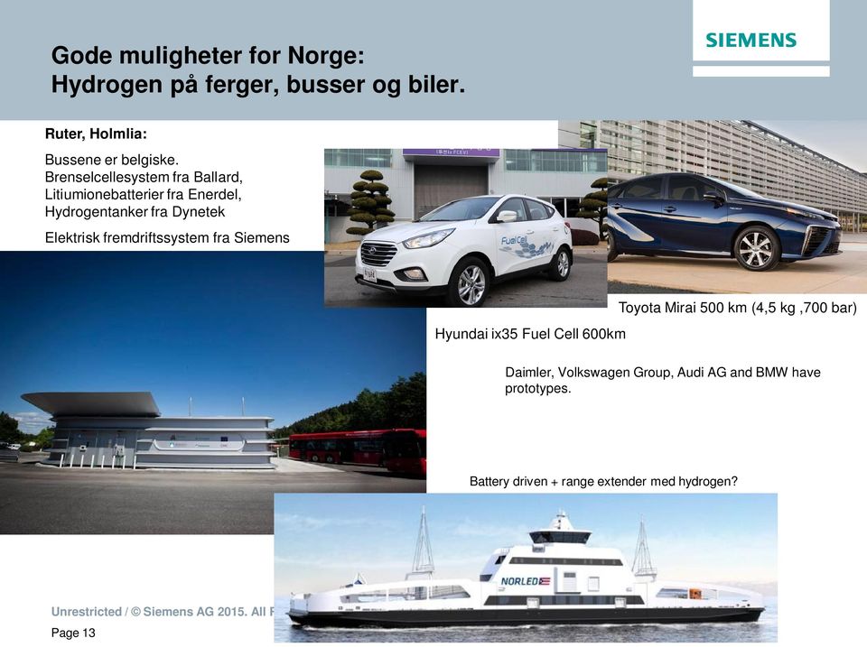 fremdriftssystem fra Siemens Hyundai ix35 Fuel Cell 600km Toyota Mirai 500 km (4,5 kg,700 bar)
