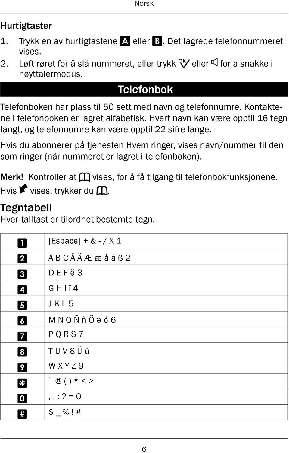 Hvert navn kan være opptil 16 tegn langt, og telefonnumre kan være opptil 22 sifre lange.