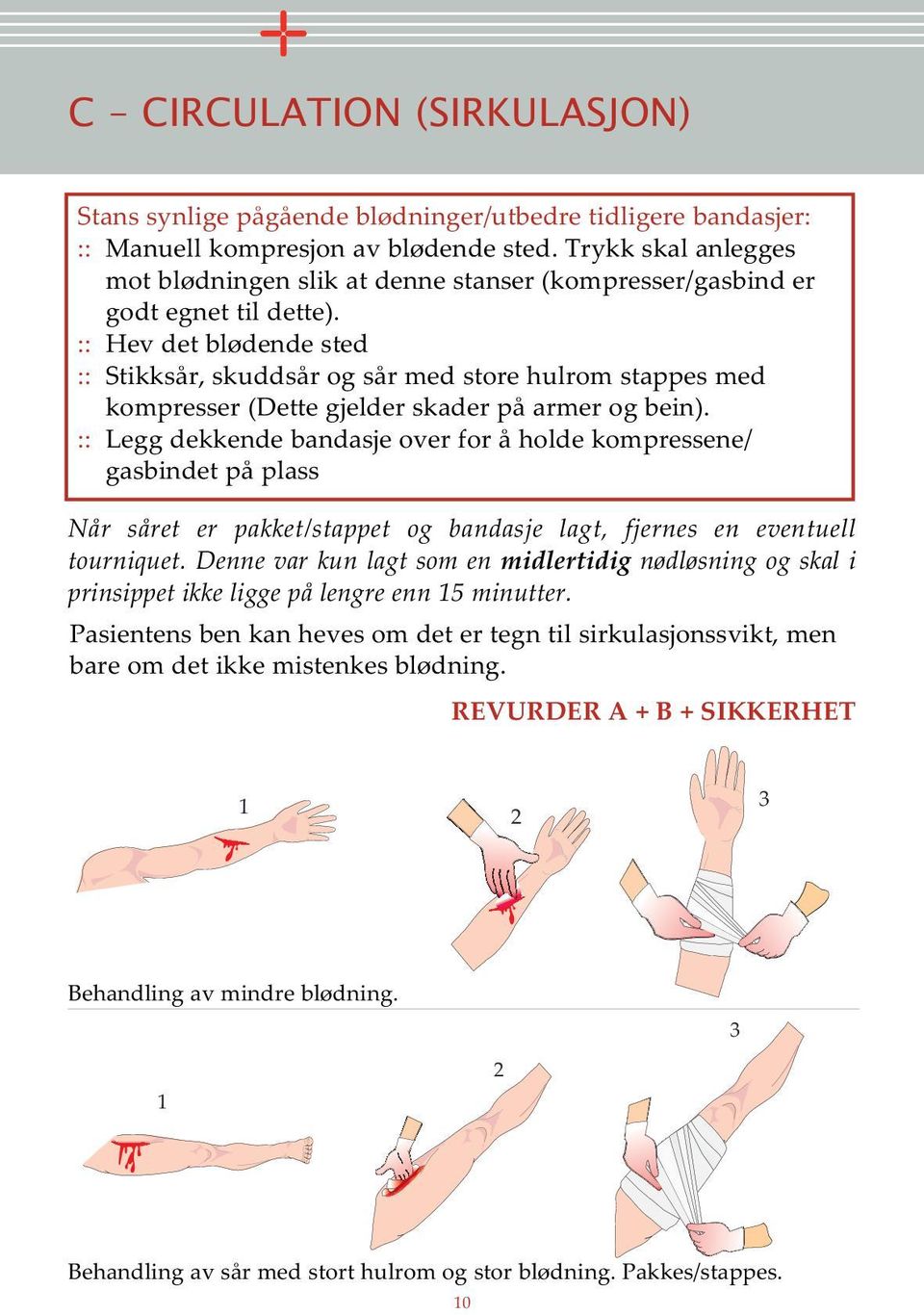 :: Hev det blødende sted :: Stikksår, skuddsår og sår med store hulrom stappes med kompresser (Dette gjelder skader på armer og bein).