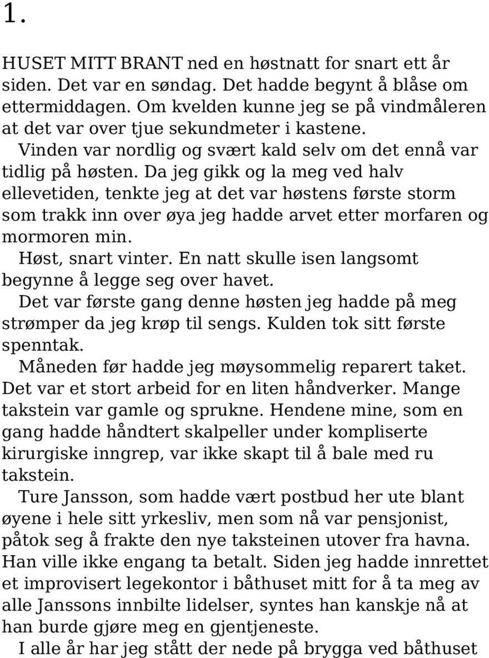 Da jeg gikk og la meg ved halv ellevetiden, tenkte jeg at det var høstens første storm som trakk inn over øya jeg hadde arvet etter morfaren og mormoren min. Høst, snart vinter.