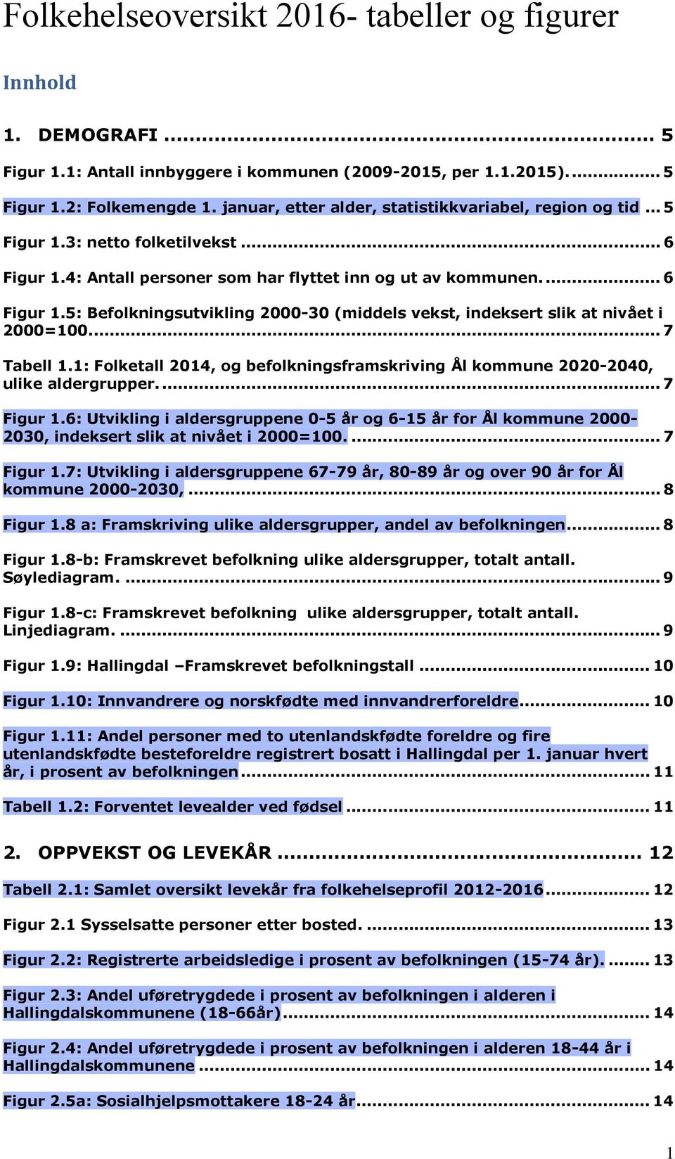 ... 7 Tabell 1.1: Folketall 2014, og befolkningsframskriving Ål kommune 2020-2040, ulike aldergrupper.... 7 Figur 1.