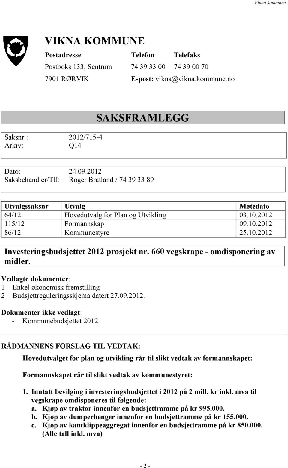 660 vegskrape - omdisponering av midler. Vedlagte dokumenter: 1 Enkel økonomisk fremstilling 2 Budsjettreguleringsskjema datert 27.09.2012. Dokumenter ikke vedlagt: - Kommunebudsjettet 2012.