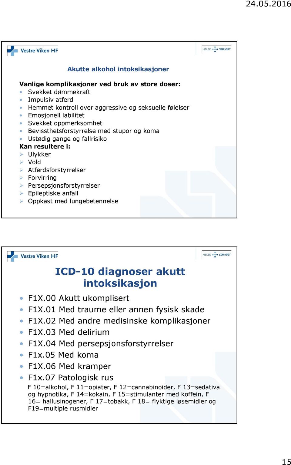 med lungebetennelse ICD-10 diagnoser akutt intoksikasjon F1X.00 Akutt ukomplisert F1X.01 Med traume eller annen fysisk skade F1X.02 Med andre medisinske komplikasjoner F1X.03 Med delirium F1X.