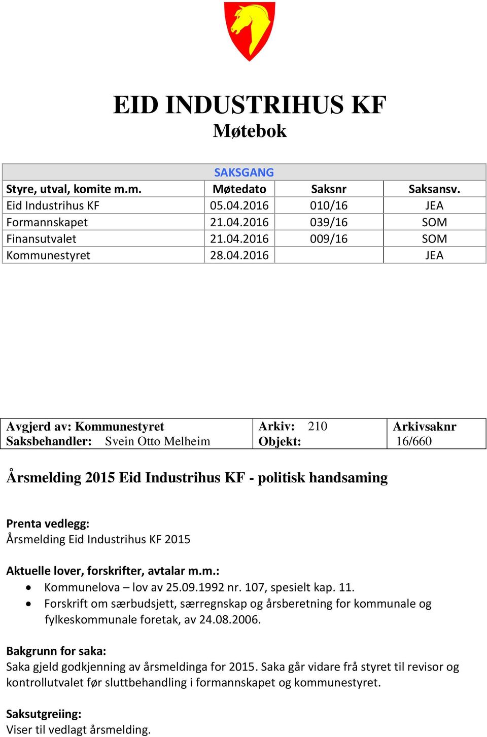 Industrihus KF 2015 Aktuelle lover, forskrifter, avtalar m.m.: Kommunelova lov av 25.09.1992 nr. 107, spesielt kap. 11.