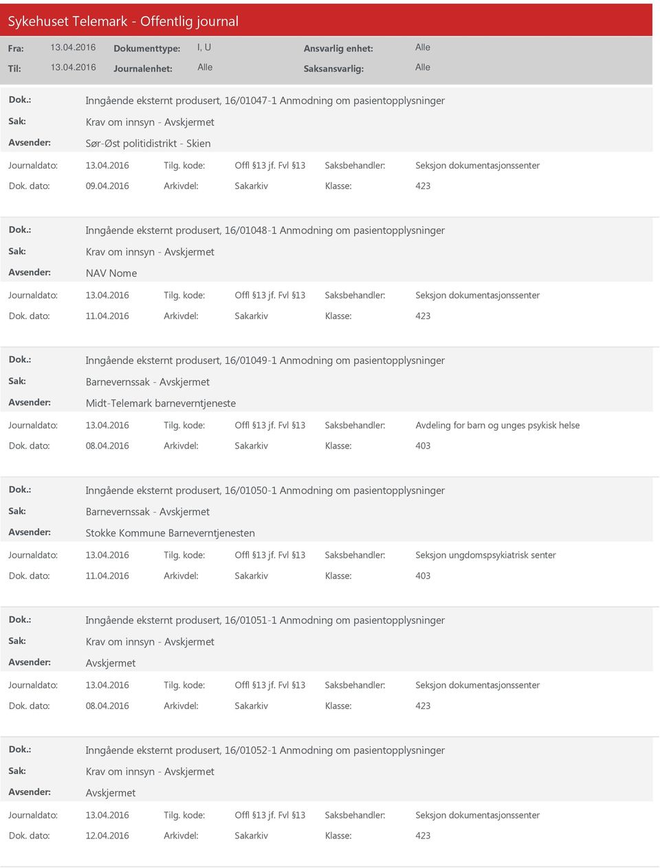 2016 Arkivdel: Sakarkiv Inngående eksternt produsert, 16/01048-1 Anmodning om pasientopplysninger Krav om innsyn - NAV Nome Inngående eksternt produsert, 16/01049-1 Anmodning om pasientopplysninger