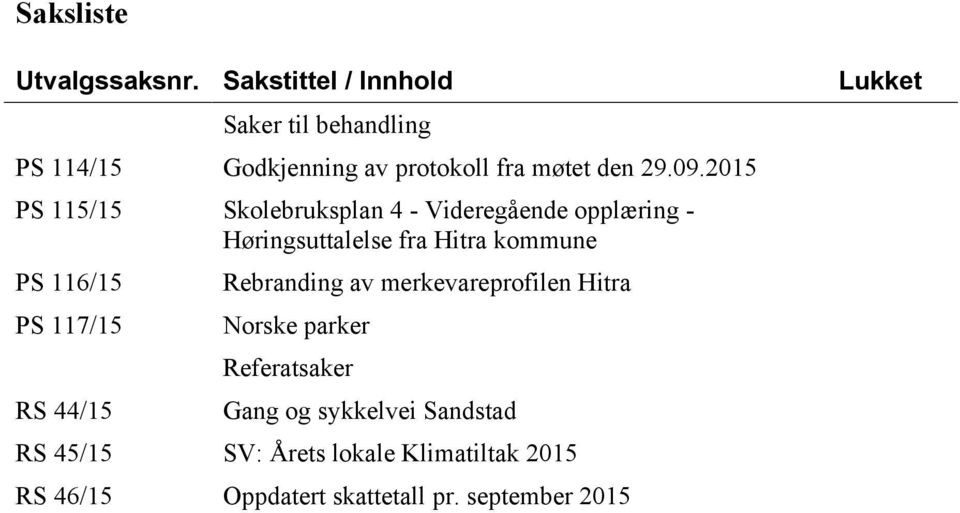 2015 PS 115/15 Skolebruksplan 4 - Videregående opplæring - Høringsuttalelse fra Hitra kommune PS 116/15 PS