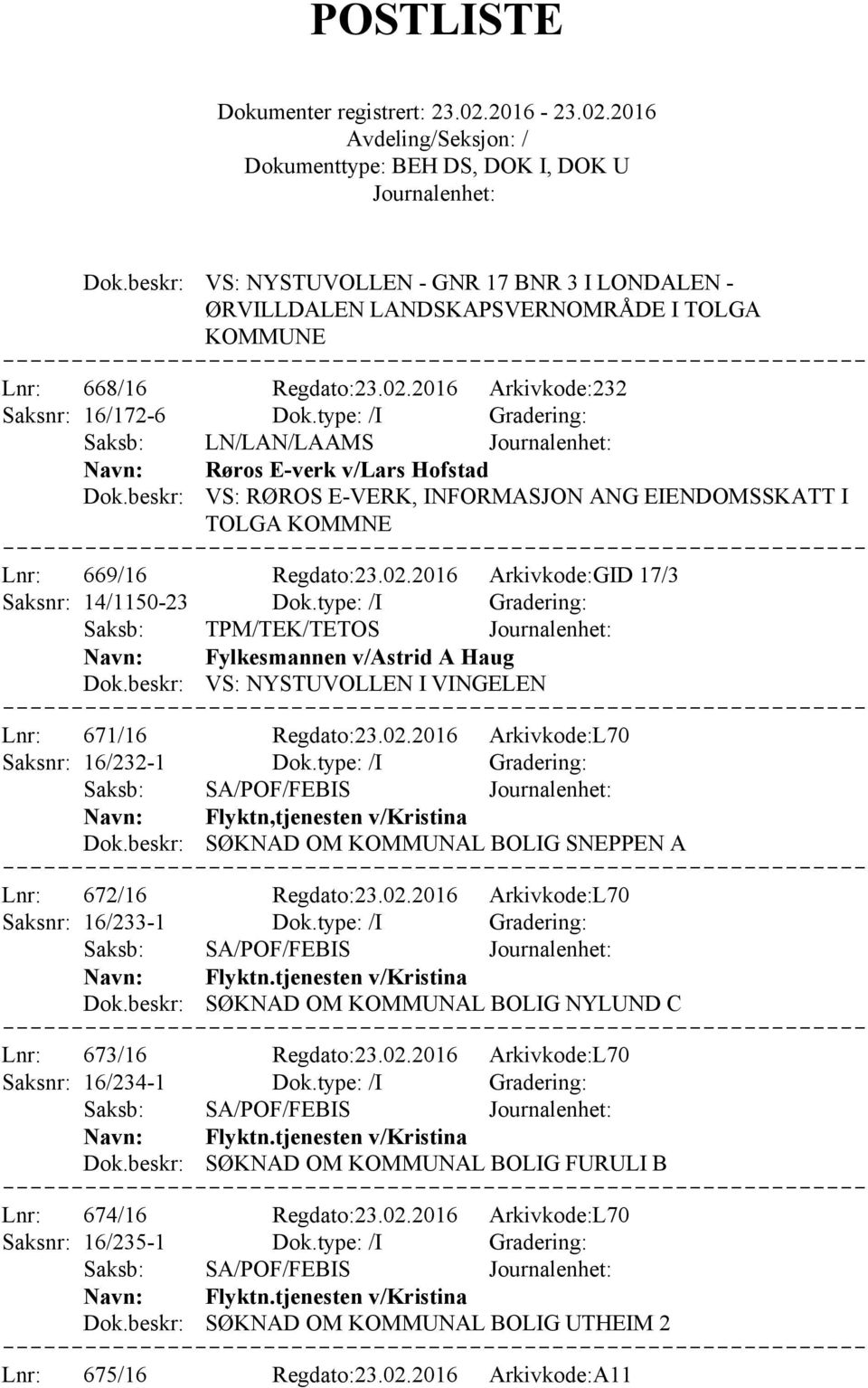 2016 Arkivkode:GID 17/3 Saksnr: 14/1150-23 Dok.type: /I Gradering: Saksb: TPM/TEK/TETOS Fylkesmannen v/astrid A Haug VS: NYSTUVOLLEN I VINGELEN Lnr: 671/16 Regdato:23.02.