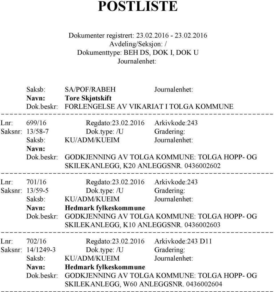 type: /U Gradering: Hedmark fylkeskommune GODKJENNING AV TOLGA : TOLGA HOPP- OG SKILEKANLEGG, K10 ANLEGGSNR. 04360026