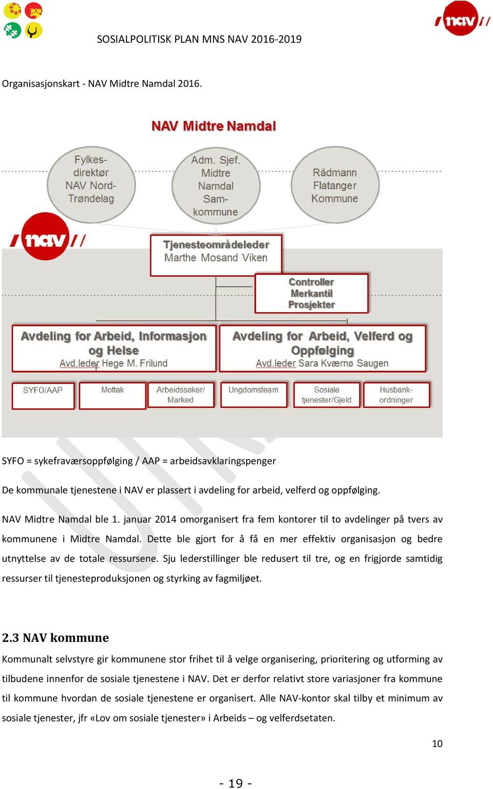 januar 2014 omorganisert fra fem kontorer til to avdelinger på tvers av kommunene i Midtre Namdal. Dette ble gjort for å få en mer effektiv organisasjon og bedre utnyttelse av de totale ressursene.