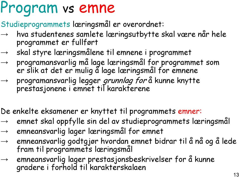 prestasjonene i emnet til karakterene De enkelte eksamener er knyttet til programmets emner: emnet skal oppfylle sin del av studieprogrammets læringsmål emneansvarlig lager læringsmål