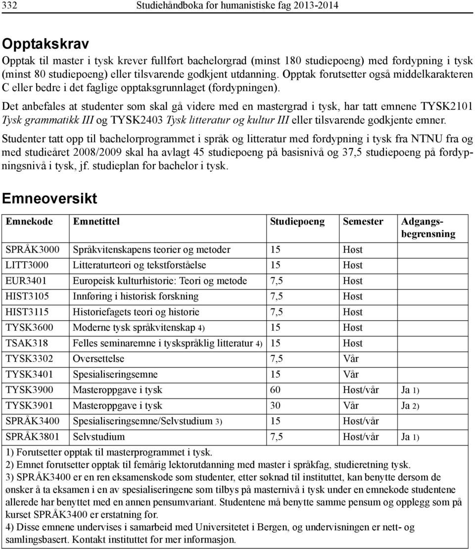 Det anbefales at studenter som skal gå videre med en mastergrad i tysk, har tatt emnene TYSK2101 Tysk grammatikk III og TYSK2403 Tysk litteratur og kultur III eller tilsvarende godkjente emner.